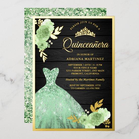 Mint Floral Sparkle Dress Wood Quinceanera Gold Foil