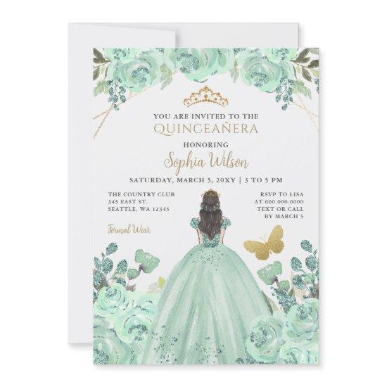 Mint Gold Floral Princess Quinceañera Quince