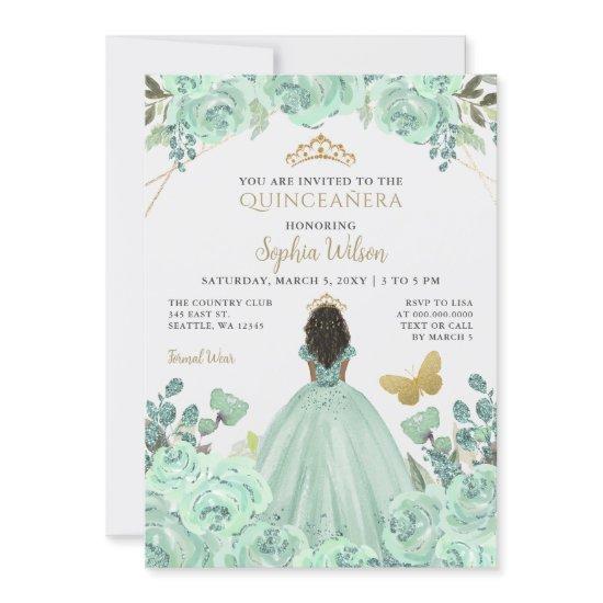 Mint Gold Floral Princess Quinceañera Quince