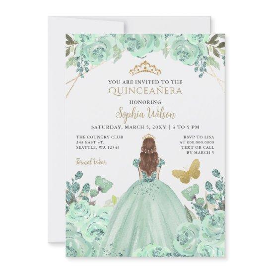 Mint Gold Floral Princess Quinceañera Quince