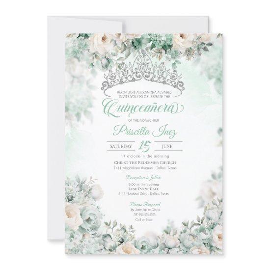 Mint Green Elegant Watercolor Floral Quinceañera
