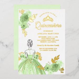 Mint Green Floral Dress Princess Quinceanera Gold Foil