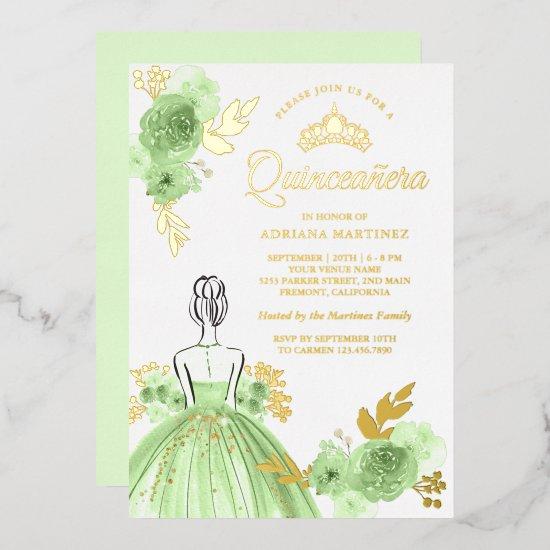 Mint Green Floral Dress Princess Quinceanera Gold Foil