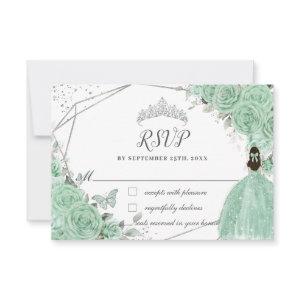 Mint Green Floral Princess Gown Silver Quinceañera RSVP Card