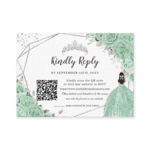 Mint Green Floral Silver Quinceañera QR Code RSVP Enclosure Card