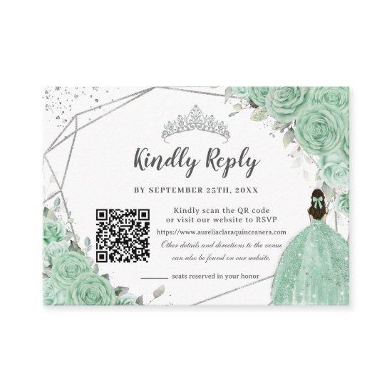 Mint Green Floral Silver Quinceañera QR Code RSVP Enclosure Card