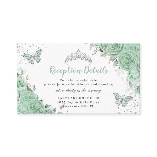 Mint Green Floral Silver Quinceañera Reception Enclosure Card