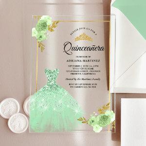 Mint Green Floral Sparkle Dress Gold Quinceanera Acrylic