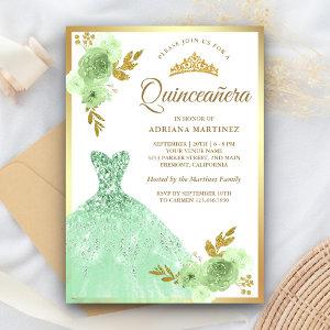 Mint Green Floral Sparkle Dress Gold Quinceanera