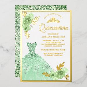 Mint Green Floral Sparkle Dress Quinceanera Gold Foil