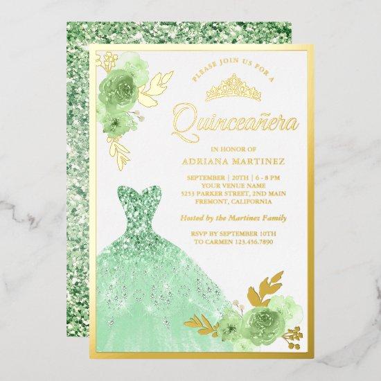 Mint Green Floral Sparkle Dress Quinceanera Gold Foil