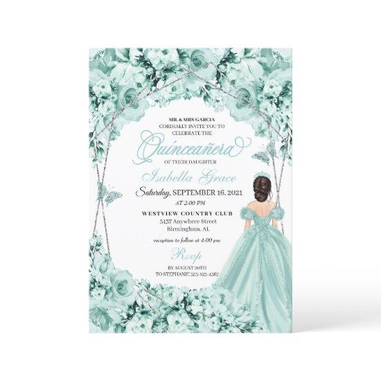 Mint Green Floral Tiara Princess Dress Quinceanera