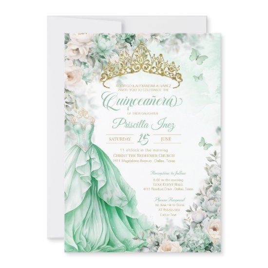 Mint Green Gold Butterfly Princess Quinceañera
