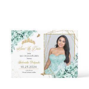 Mint Green & Gold Quinceañera Save The Date Photo