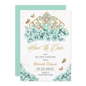 Mint Green & Gold Tiara Save The Date Quinceañera