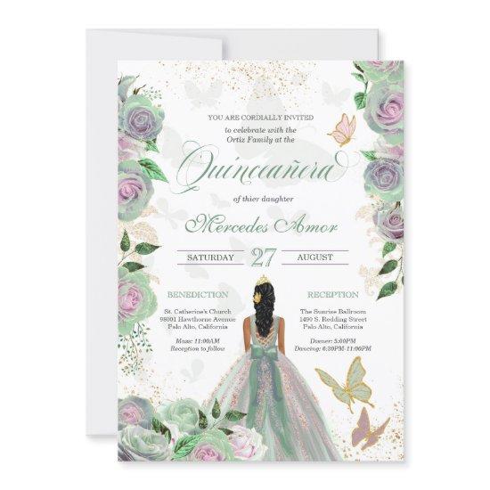 Mint Green & Lavender Roses Butterfly Quinceanera