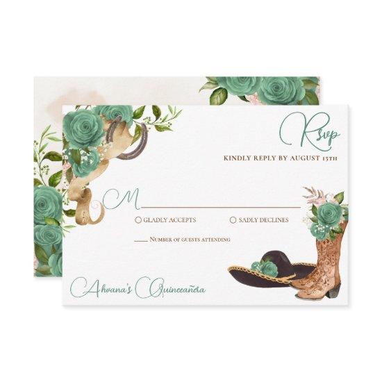 Mint Green Light Sage Charro Western Quinceanera RSVP Card