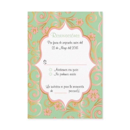Mint Green, Peach & Gold Quinceanera Spanish RSVP