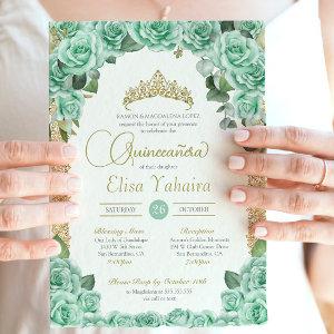Mint Green Rose Floral Gold Elegant Quinceanera