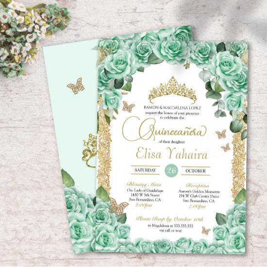 Mint Green Roses & Butterfly Quinceanera
