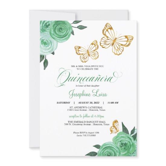 Mint Green Roses Gold Butterfly Quinceañera Floral
