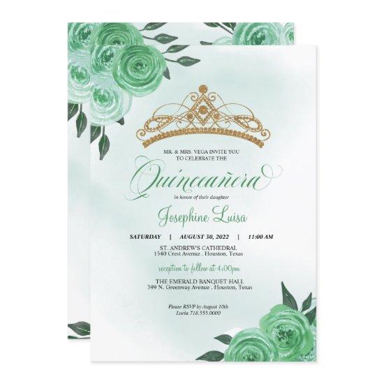 Mint Green Roses Golden Tiara Quinceañera Birthday