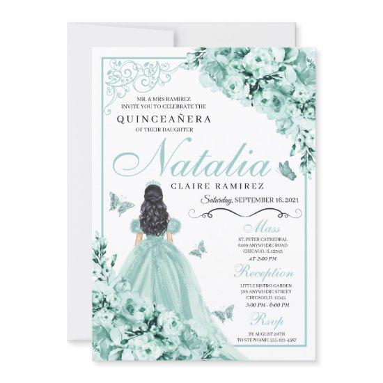 Mint Green Roses Princess Dress Quinceanera