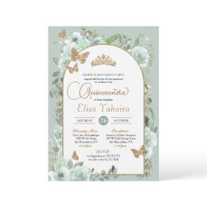 Mint Green Sage Floral Gold Butterfly Quinceañera
