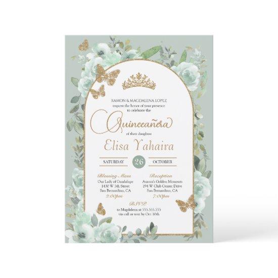 Mint Green Sage Floral Gold Butterfly Quinceañera