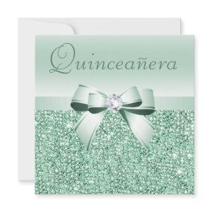 Mint Green Sequins, Bow & Diamond Quinceanera