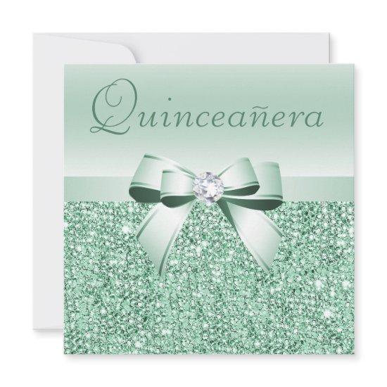 Mint Green Sequins, Bow & Diamond Quinceanera