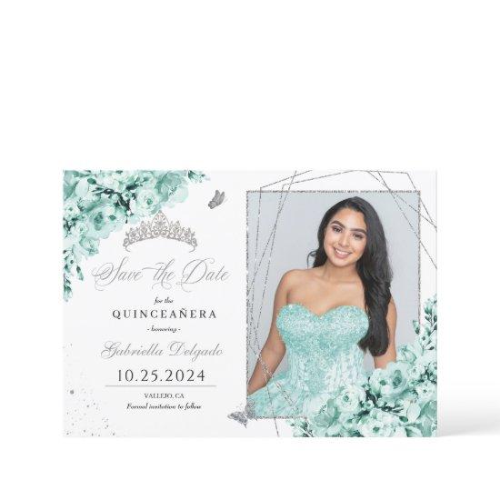 Mint Green Silver Quinceañera Save The Date Photo