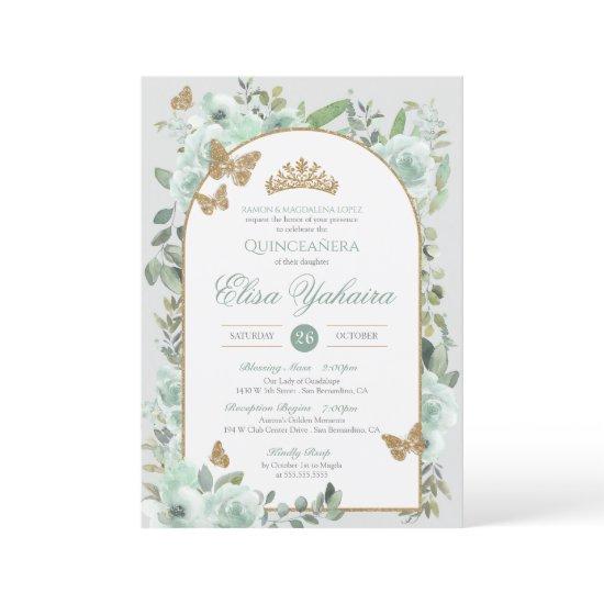 Mint Green Watercolor Golden Butterfly Quinceanera