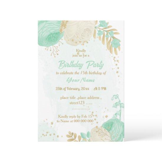 mint green white flowers gold floral birthday