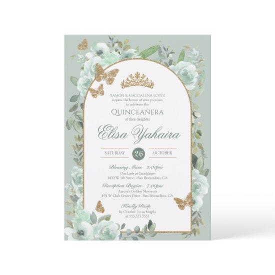 Mint Sage Green Watercolor Butterfly Quinceanera