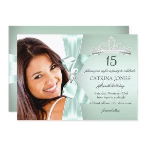Mint Silver Diamond Bow & Tiara Quinceanera Invite