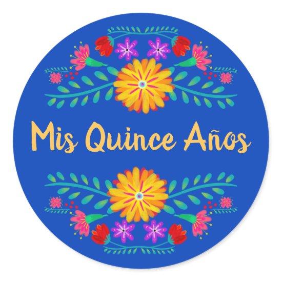 Mis Quince Anos Royal Blue Mexican Fiesta Flowers Classic Round Sticker