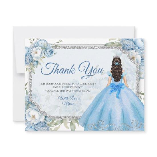 Mis Quince Blue Floral Silver Crown Quinceañera Thank You Card