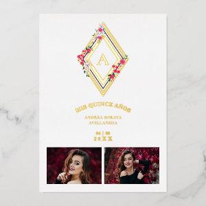Mis XV Initial 2 Photos Gold Effect Floral Diamond Foil