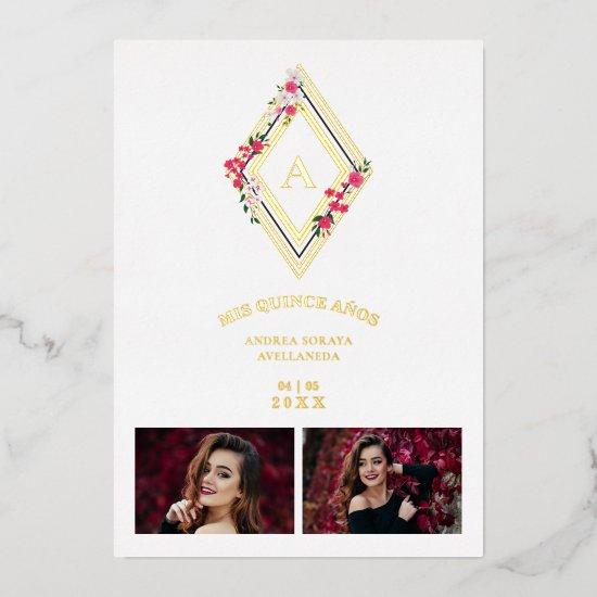 Mis XV Initial 2 Photos Gold Effect Floral Diamond Foil