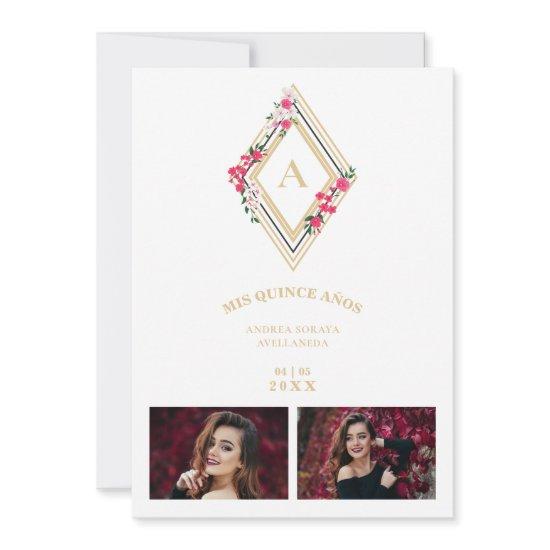 Mis XV Initial 2 Photos Gold effect Floral Diamond