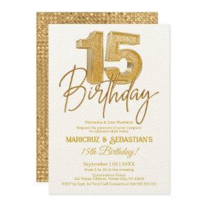 Modern 3D Gold Glitter Twins 15th Birthday
