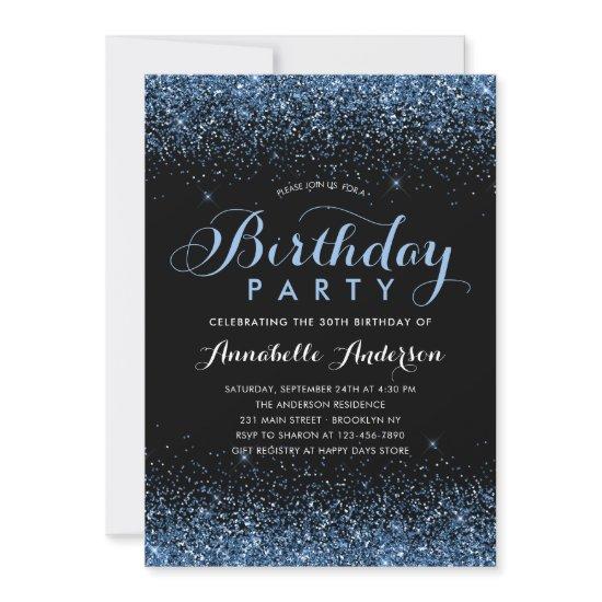 Modern Black Blue Glitter Sparkle Any Age Birthday
