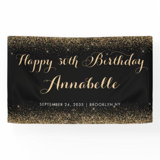 Modern Black Gold Glitter Sparkle Any Age Birthday Banner