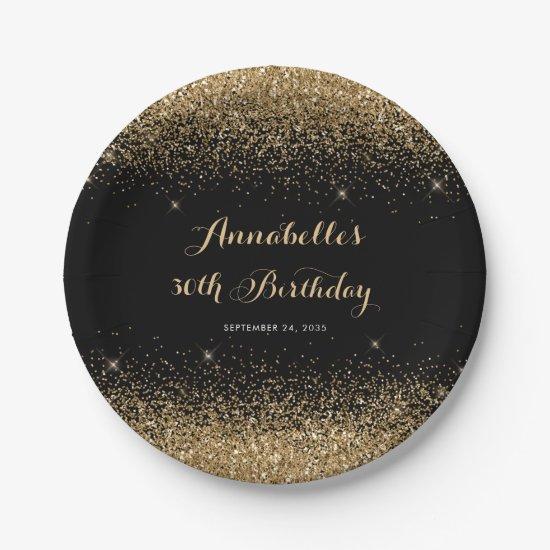 Modern Black Gold Glitter Sparkle Any Age Birthday Paper Plates