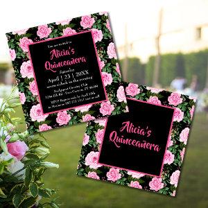 Modern Black Pink Roses Quinceañera