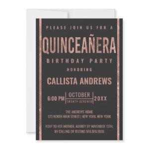 Modern Black Rose Gold Glitter Frame Quinceañera