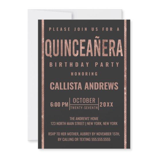 Modern Black Rose Gold Glitter Frame Quinceañera