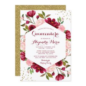 Modern Blush Burgundy Floral Quinceanera