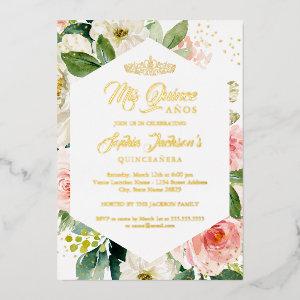 Modern Blush Gold Watercolor Floral Quinceanera Foil